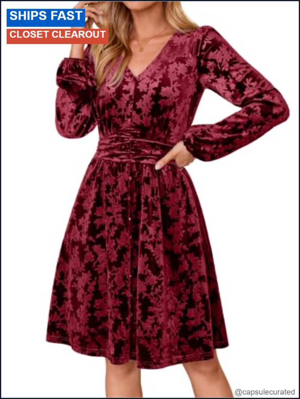 Velvet Long Sleeve Mini Dress V-Neck High Waist A-Line Cocktail Party